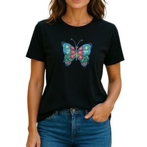 Quacker Factory Sequin Butterfly Black Tee All Cotton L